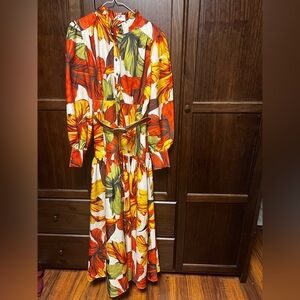 L'Atiste Women's Long Sleeve Maxi Dress Orange Yellow Floral Button Front Size L